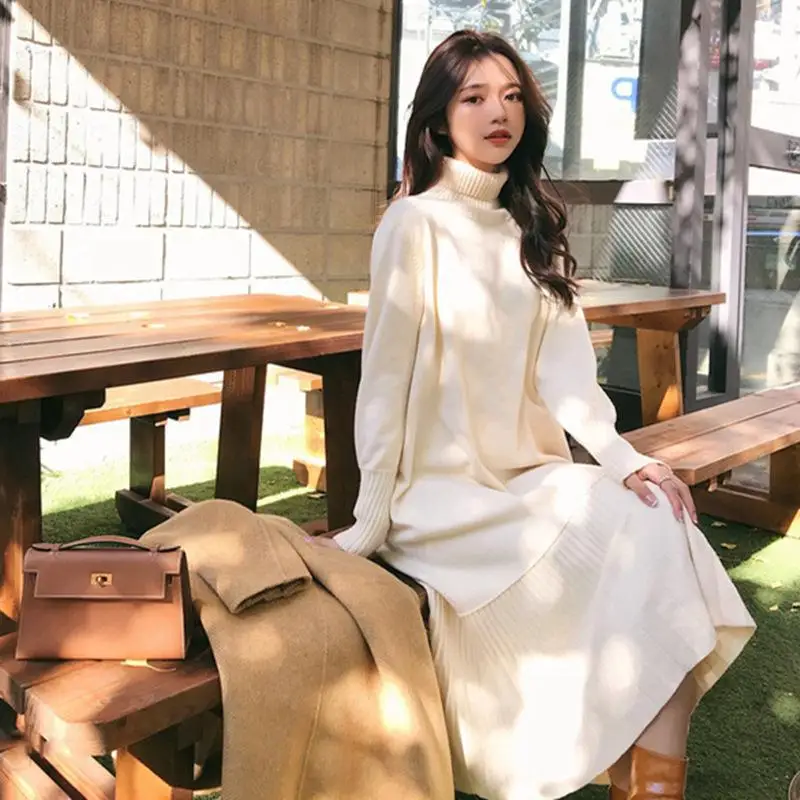 

Элегантное свободное женское платье-свитер, Осень-зима 2020, женское вязаное платье-трапеция с оборками, Женский Повседневный пуловер, платья