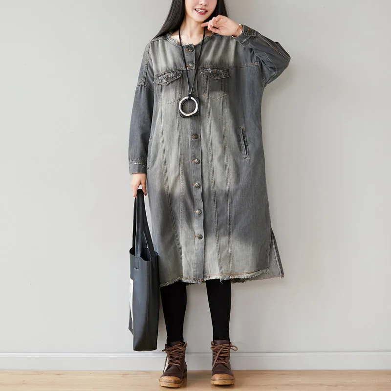 

Women Denim Trench Coat New Plus Size Bleached Vintage Cute Single Breasted Outerwear medium-long Jeans Windbreaker G102301