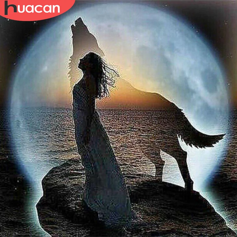 

HUACAN DIY Diamond Painting Animal Wolf Full Square Mosaic Rhinestone Moon Diamond Embroidery Figure Girl Decor