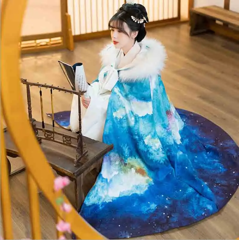 

Накидка Hanfu для женщин, традиционная китайская зимняя теплая плотная синяя накидка с капюшоном, накидка Hanfu для взрослых, Рождественский кос...