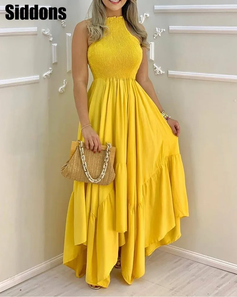 

Женское однотонное платье Макси без рукавов с рюшами, женское тонкое бандо, вечернее платье без рукавов