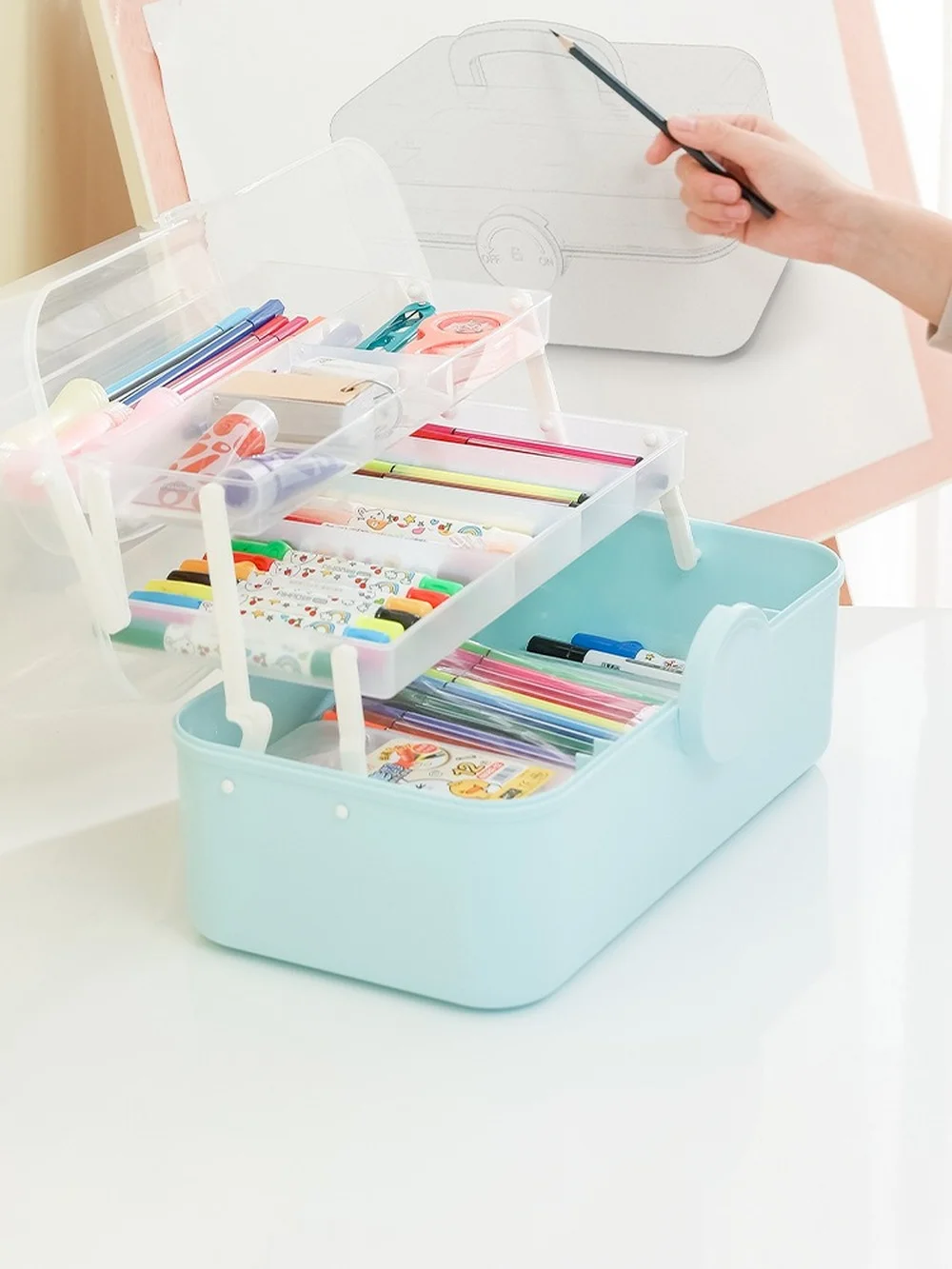 

Storage box Art supplies painting toolbox Three-layer foldable suitcase Multifunctional nail art transparent large toolbox