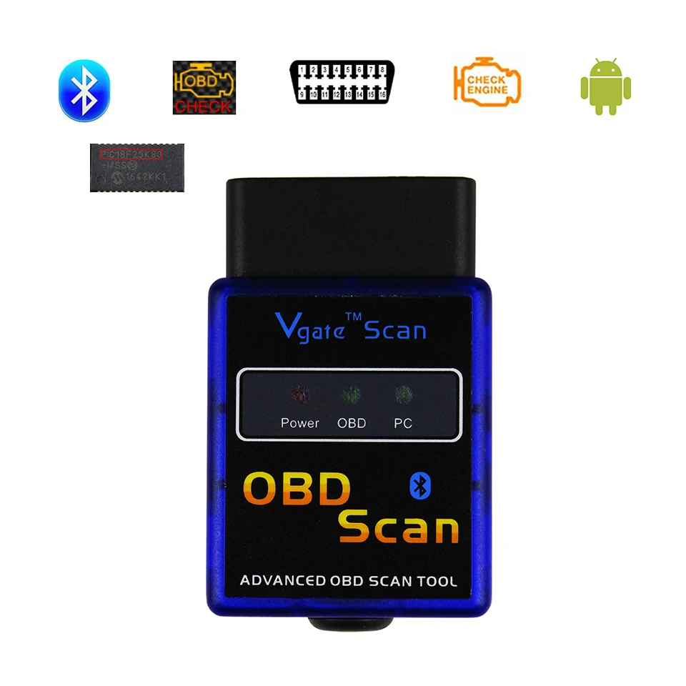 Фото Сканер Vgate OBD2 ELM327 V1.5 Bluetooth ELM-327, диагностический сканер для автомобилей Android V 1.5 ELM 327 ODB 2, инструмент для автодиагностики №1