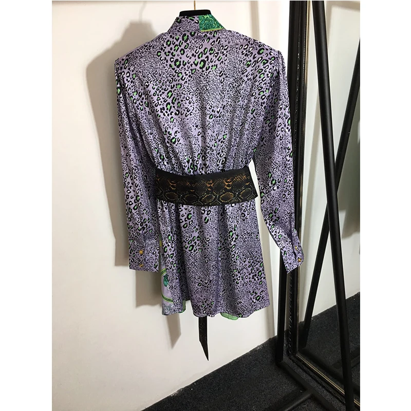 

2020 Summer Elegant Bow Collar Dress Women Leopard Print Sigle Breasted Dresses Casual Ruffle Long Sleeve A-line Mini Party Dre