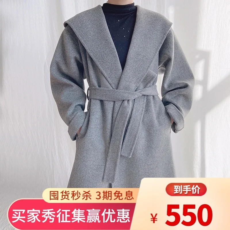 

Limited 550 heavy industry high count medium long double-sided cashmere coat women's lace up wool coat hooded 21 new style