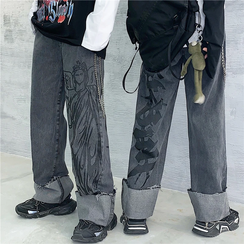 New Jeans for Women Vintage Grey Jeans Loose High Waist Trousers Cotton Harajuku Cartoon Jeans Casual Print Denim Trousers#8520