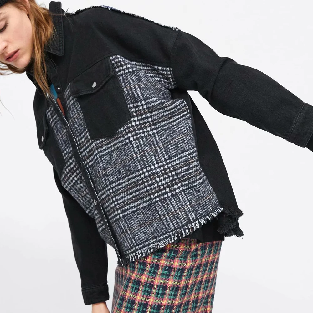 Женское клетчатое пальто ZA асимметричное Свободное контрастных цветов с