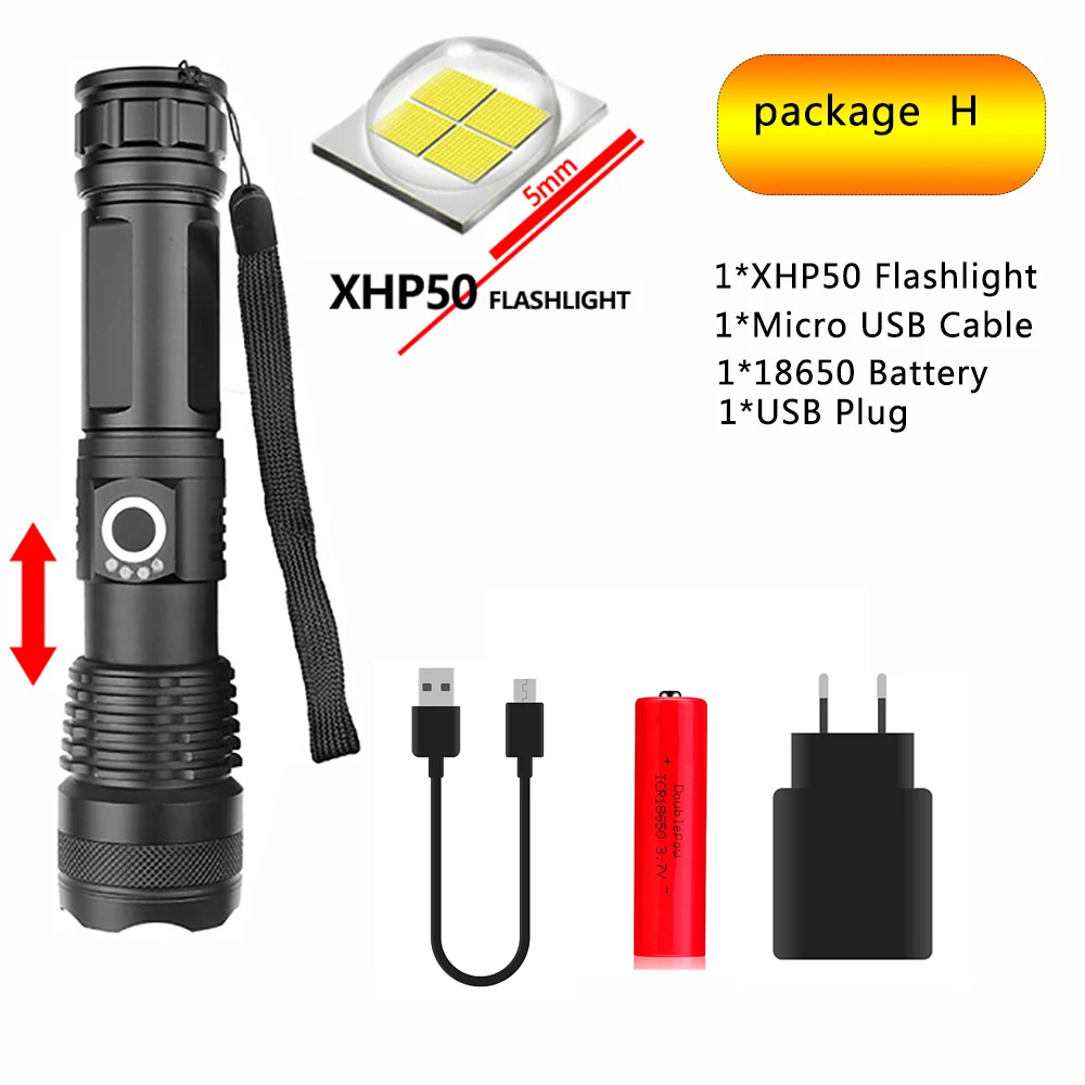 Package H Супер яркий светодиодный фонарь XHP90, перезаряжаемый, водонепроницаемый, фонарь с молотком Безопасности на открытом воздухе, батарея 26650, бесступенчатая лампа с затемнением - Испускаемый цвет: Package H