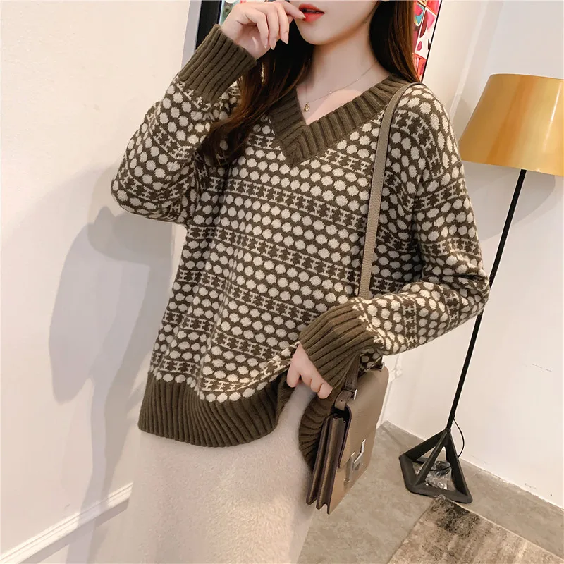 2019 Женский пуловер в горошек с воротником виде курицы и сердца длинными рукавами