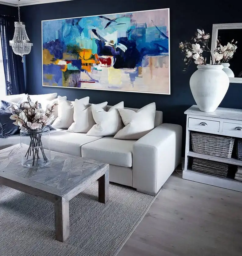 Koop Kleurrijke Blauwe Moderne Hedendaagse Kunstwerk Wall Art Penseelstreken Grote Horizontale Panoramisch Abstracte Acryl Schilderen Op Canvas