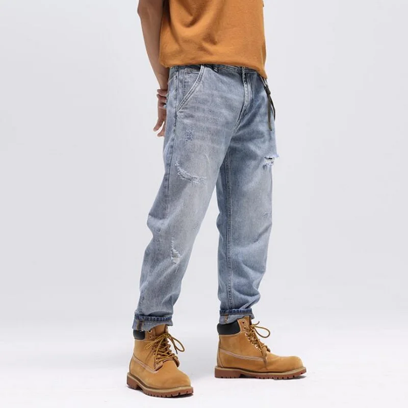 Jeans Men's Loose Straight Light-Colored Wide-Legged Ankle-Length Denim Pants Men's Street Fashion Brand Retro Ripped Jeans