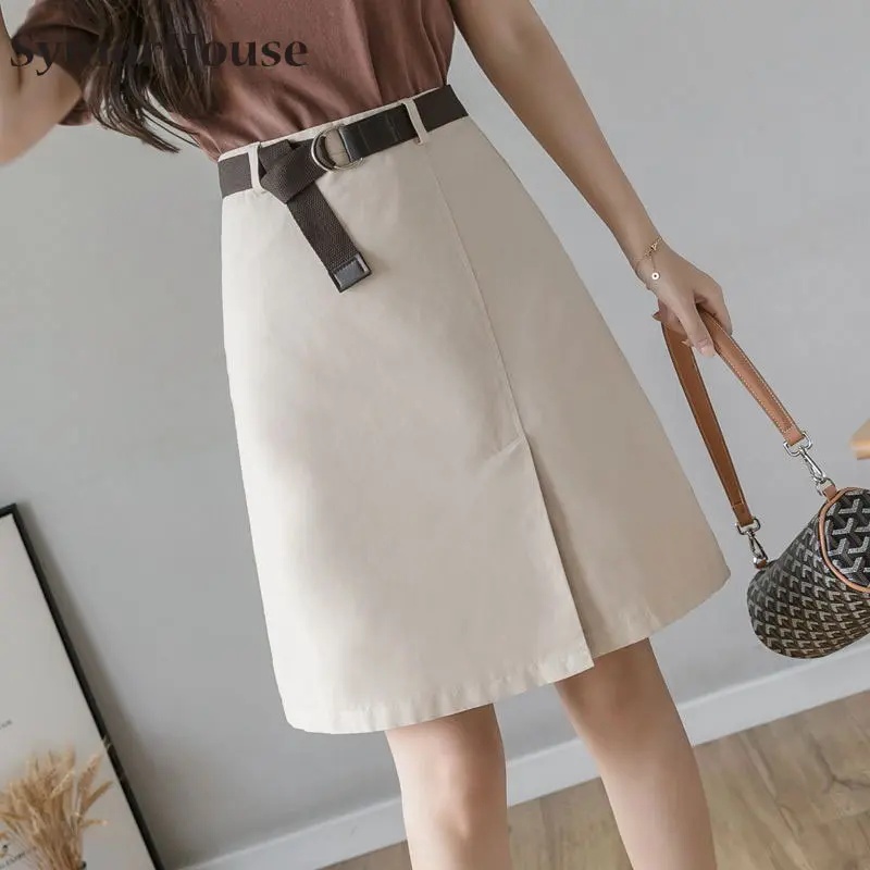 

Fashion Skirt Women A Line Mini Lining 2021 Casual Vintage Skirt Belt Korean High Waist Skirts Female Split Bottoms