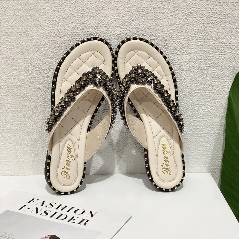 Plus Size 43 Sexy Rhinestone Slippers Woman Pinch Slides Flip Flops Womens 2020 Summer Shoes Leather Sandals Girls | Обувь