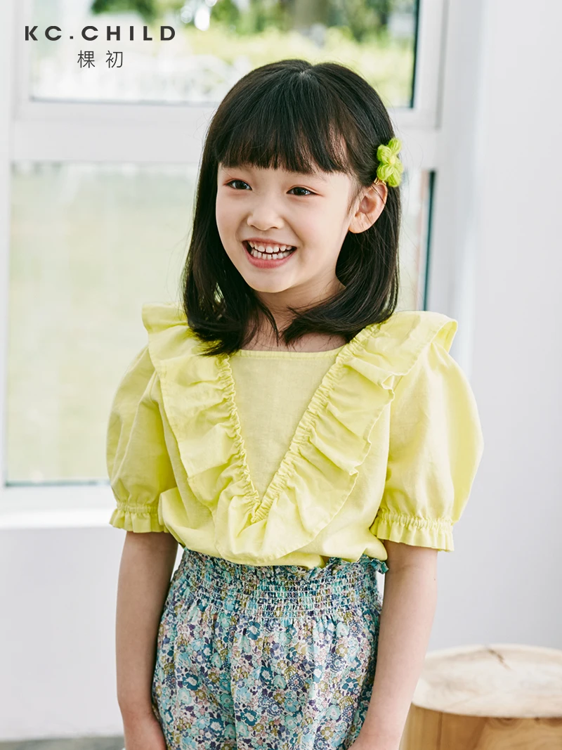 

KC.Child/2020 топ для девочек с V-образным вырезом и оборками, короткий рукав, хлопковая льняная ткань, винтажный стиль, Age2-11Y
