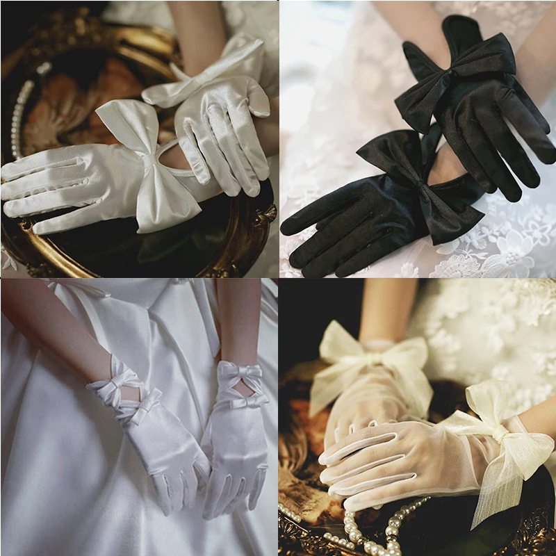 

Women Short Full Fingers Bow Wrist Elegant White Ivory Satin Bridal Wedding Gloves Wedding Accessories Prom Party Dancing