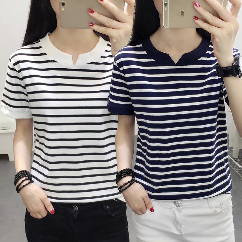 

MOYISU Summer Women's T-shirt 2022 Korean New stripe V Neck Tops Casual Oversized Female Short sleeve Cotton Shirt