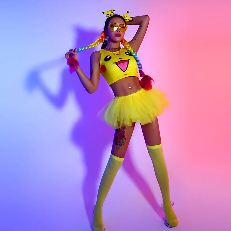 

New Sexy Outfits For Women Yellow Tops Pettiskirt Stage Costumes Pole Dance Clothing Nightclub Bar Ds Dj Festival Wear DQS7056