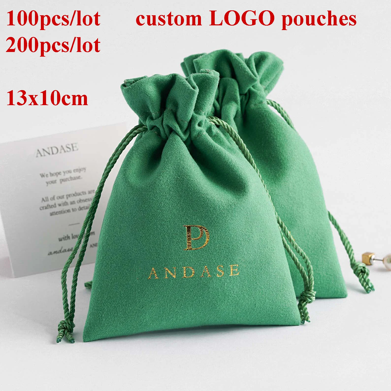 

100pcs 200pcs/Lot 13x10cm Green Suede Pouches Custom Logo Jewelries Packaging Small Bag Earrings Ring Necklace Soft Velvet Bags