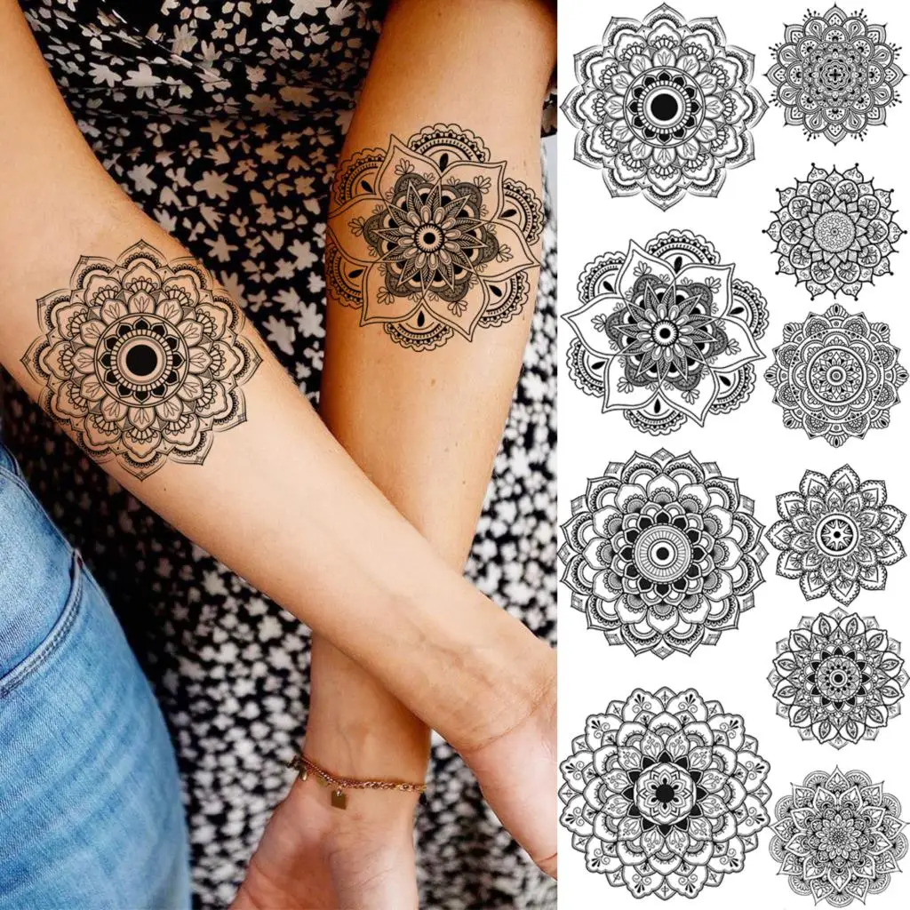 

3D Mandala Temporary Tattoos For Women Adult Girl Henna Realistic Fake Tattoo Body Art Water Transfer Tattoo Half Sleeve Tatoos