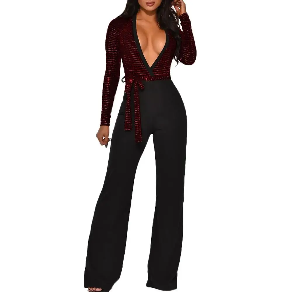 Sequined Slim Women Jumpsuits Black Sexy Solid Leotard Long Sleeves Straight Rompers Partywear Monos de Fiesta 2020 New Hot YE |