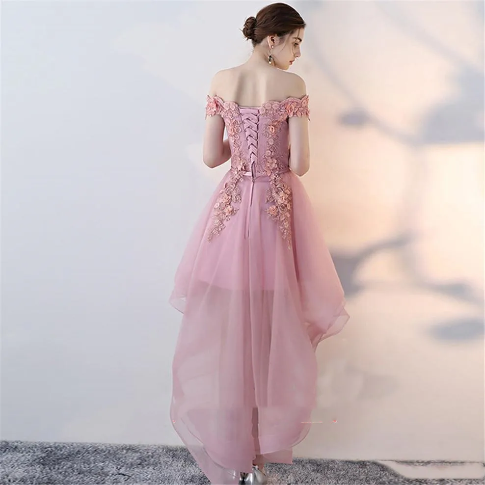 

Simple 2020 Dusty Pink High Low Prom Dresses Beads Appliques Tulle Formal Evening Dress Cheap Short Homecoming Gowns vestido