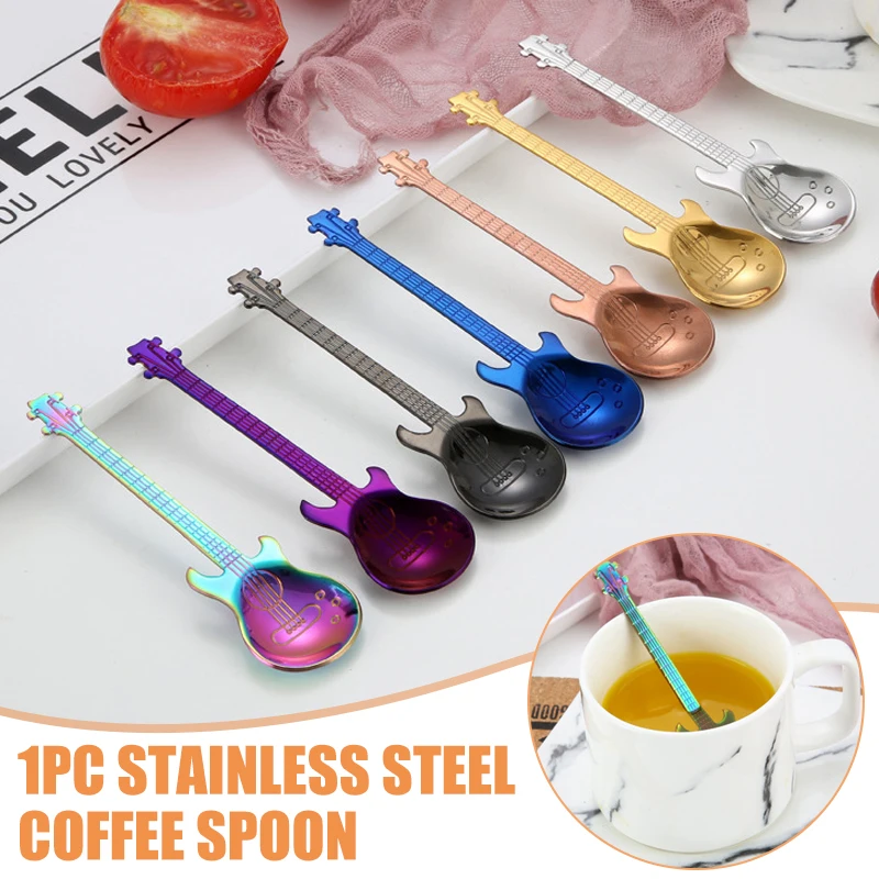 

Stainless Steel Guitar Shaped Coffee Spoon Teaspoon Children Spoon Coffee Tea Supplies --M25