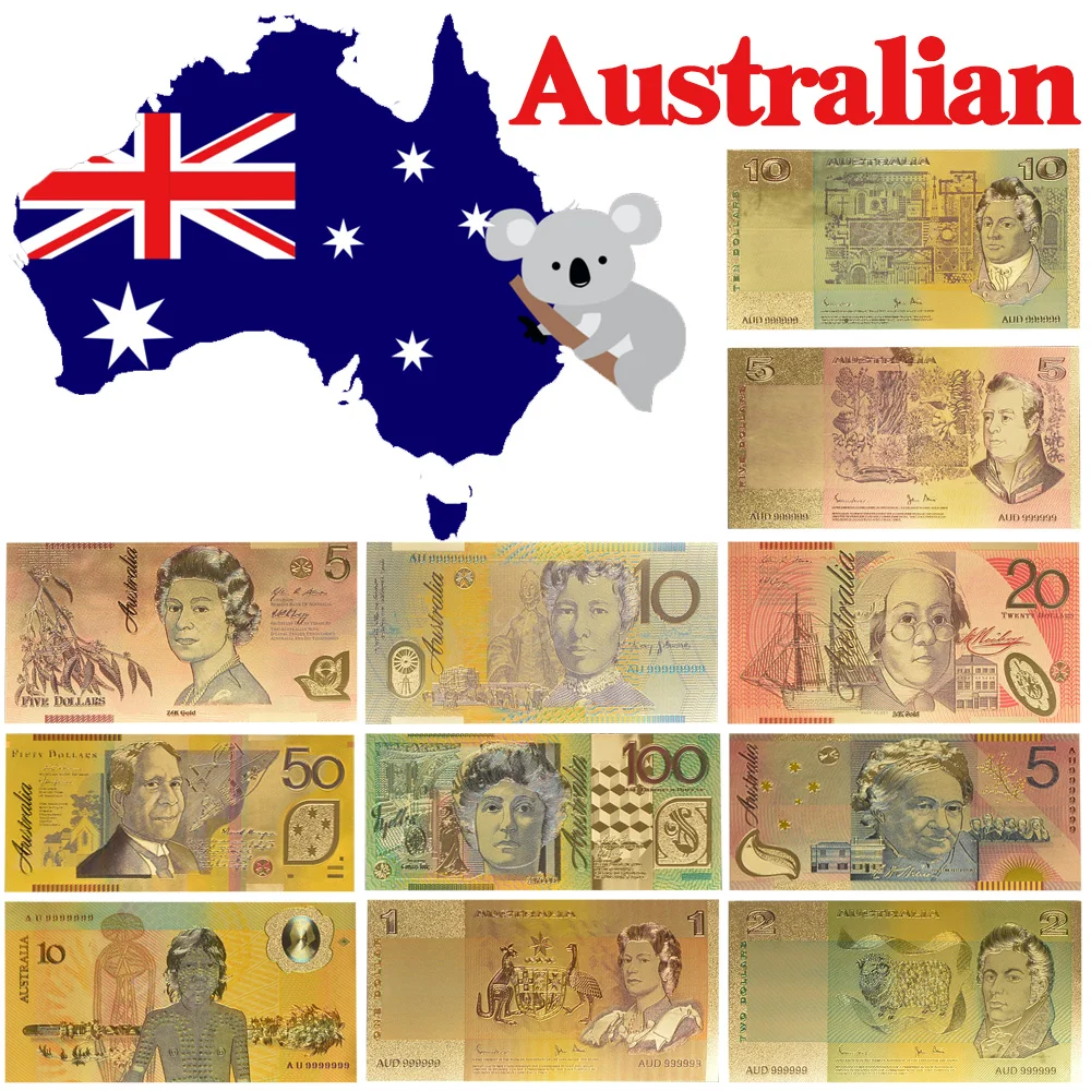 

WR Australian Color Banknote 1/2/5/10/50/100 Paper Money Banknote Souvenir Promotional Gift for Friend Gold Foil Fake BankNote