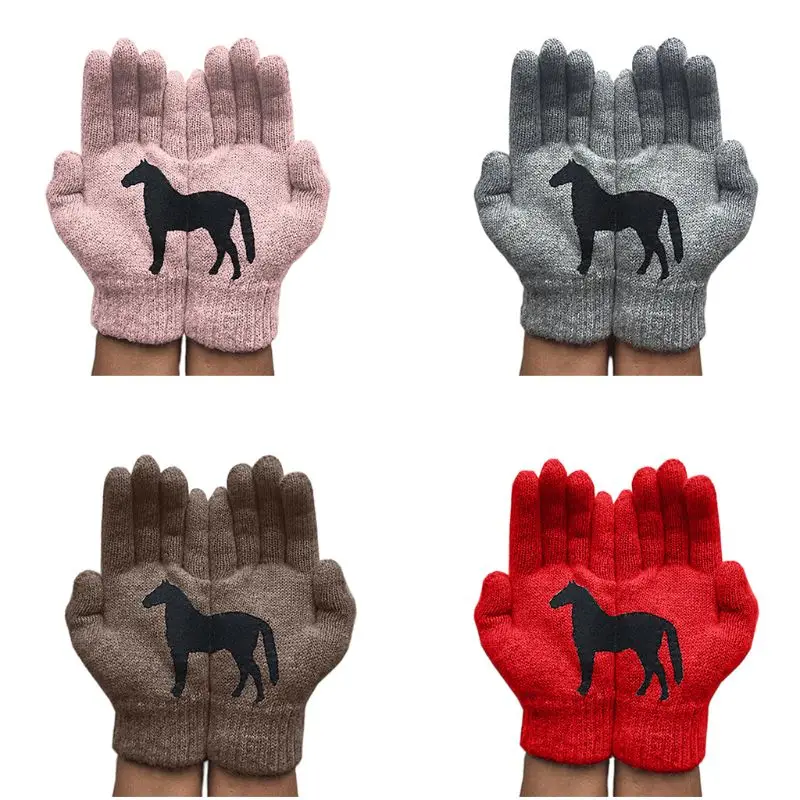

Women Winter Thick Warm Knitted Full Fingered Gloves Funny Black Horse Irregular Patchwork Palm Elastic Outdoor Mittens