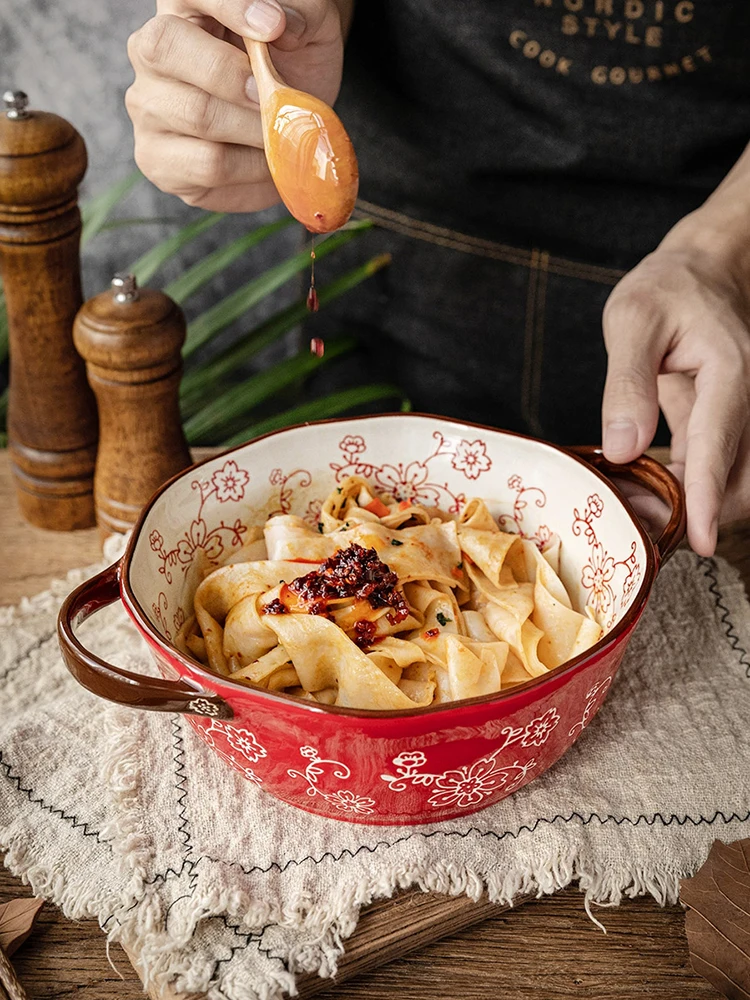 Новая керамическая десертная чаша с вишневым узором и ручкой бытовая креативная