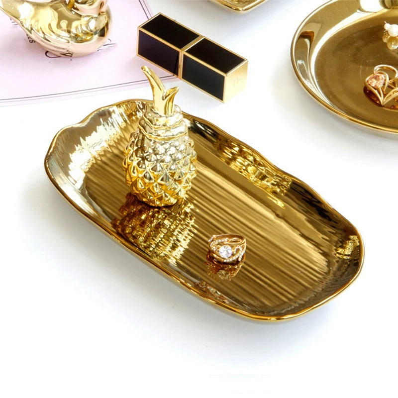 

Golden Ceramic Jewelry Tray & Women's Dressing Table Small Objects Small Jewelry Earrings Ring Tray Fine Leaf