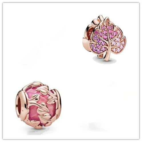 

Authentic 925 Sterling Silver Bead Rose Pink Decorative Leaves Charm Fit pandora Women Bracelet & Necklace Diy Jewelry