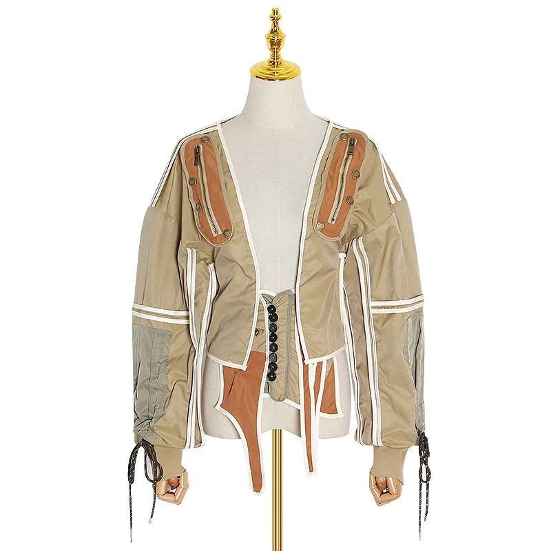 

Vintage Hit Color Buttons Zipper Patchwork Women Short Jackets Coats Retro Lace up Casual Streetwear Top Summer Personalized