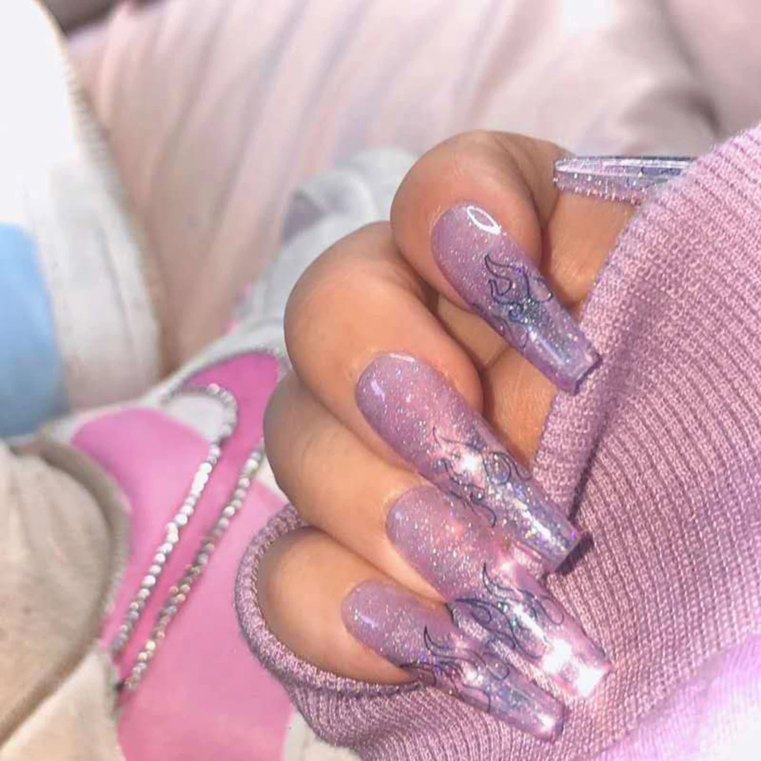 Накладные ногти с фиолетовым пламенем балерины носимые съемные длинные гробы