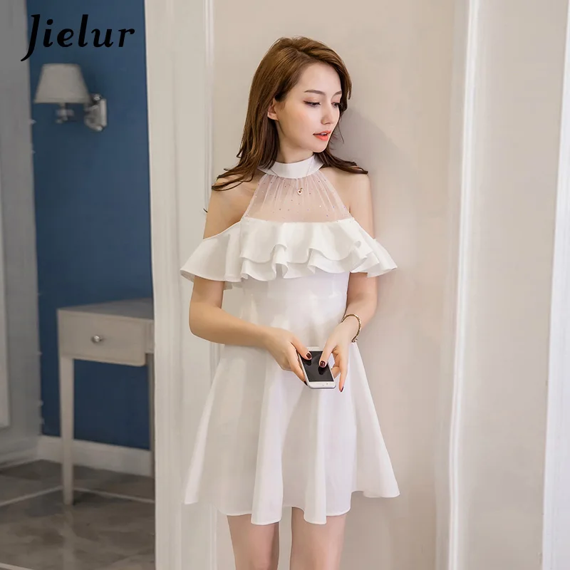 White Short Sleeve Jielur элегантное кружевное платье с открытыми плечами осеннее корейское хипстерское черное белое сексуальное вечерние тонкое с оборками трапециевидное платье Vestido Mujer Dropship летнее S-XXL прямая поставка - Цвет: White Short Sleeve