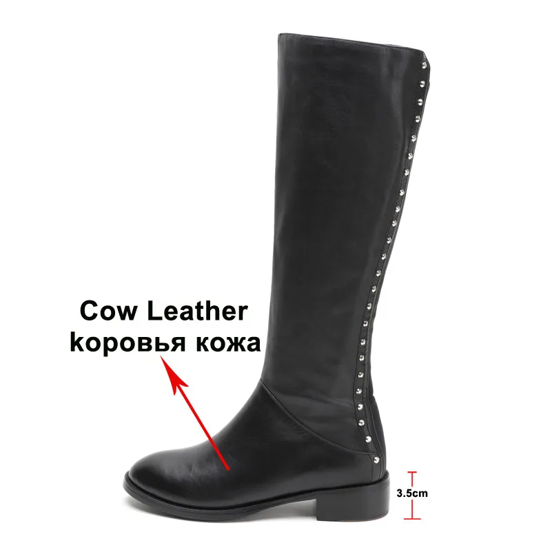 Meotina/зимние сапоги до колена; женские сапоги для верховой езды из натуральной кожи с заклепками и блочным каблуком; обувь на молнии с круглым носком; Женская Осенняя обувь; размеры 34-39