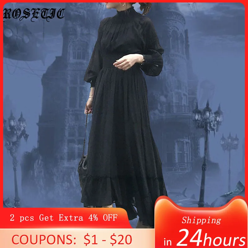 

Rosetic 2021 New Gothic Pleated Dress Women Black Elegant Fashion Ruffle Long Sleeve High Waist Ladies Long Maxi Dresses Autumn