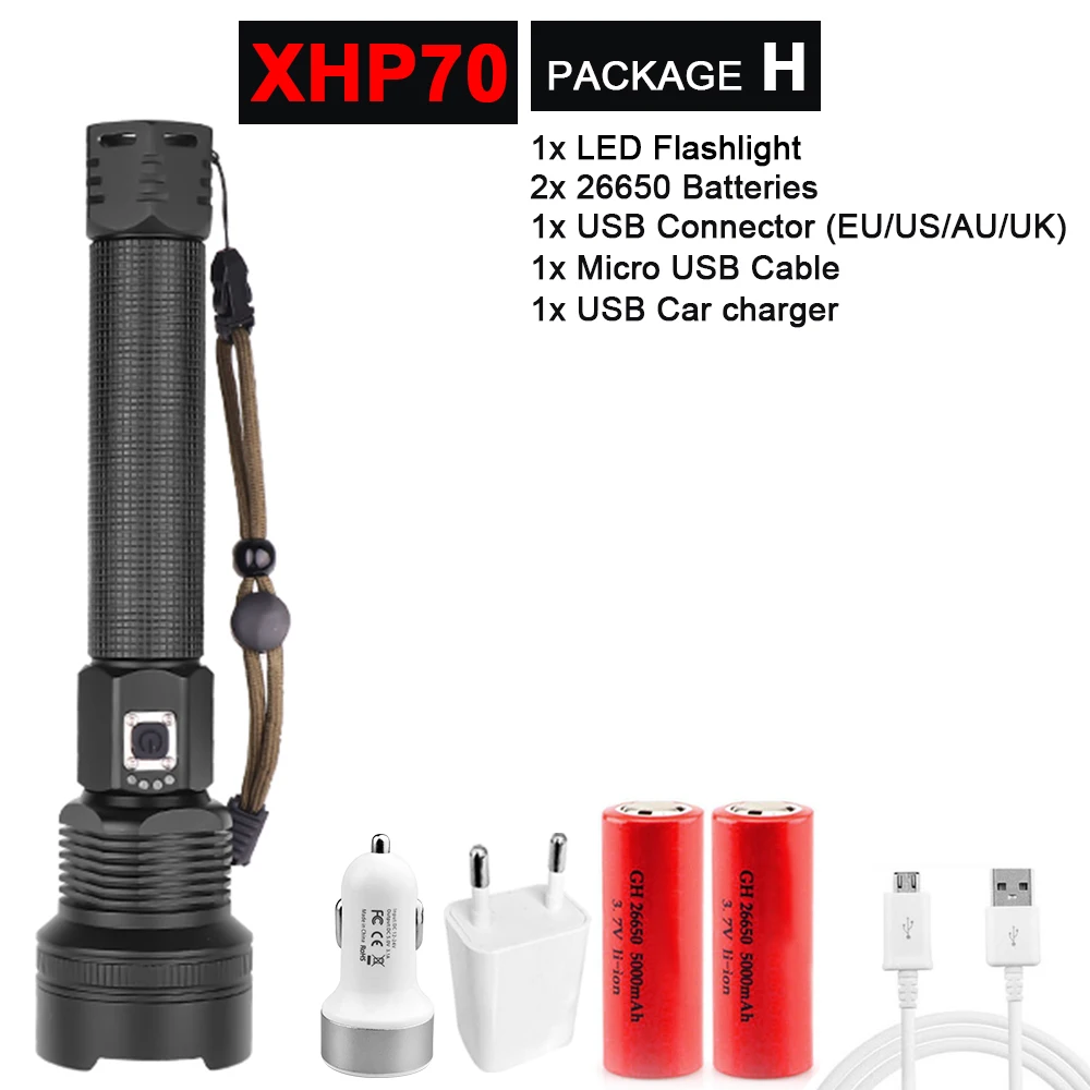 Package H-XHP70.2 Супер яркий XHP90/70,2 светодиодный фонарик, супер мощный фонарь, USB лампа с зумом, фонарь с зумом, работающий от аккумулятора 18650 26650 - Испускаемый цвет: Package H-XHP70.2