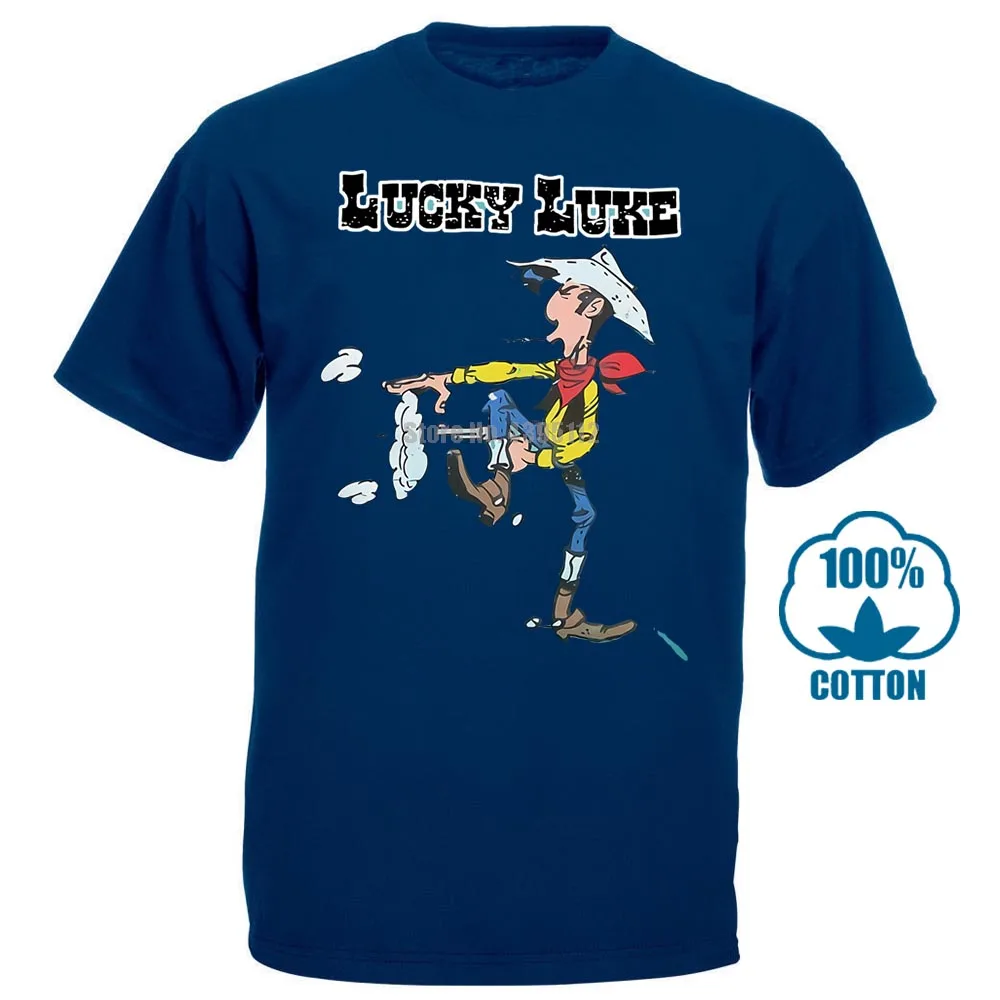 Тёмно-синий Lucky Luke Comics ковбой Уайлдер Вестерн Прохладный Лето Мужская Новая футболка Личность граффити - Цвет: Тёмно-синий