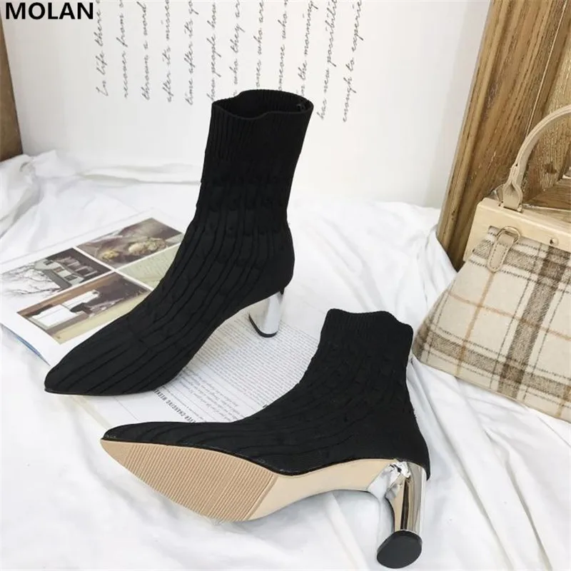 MOLAN Brand Designers 2019 Autumn Fashion High Quality Stretch Fabric Strange Heels Pointed Shoes Sock Boots Ladies Pumps | Обувь