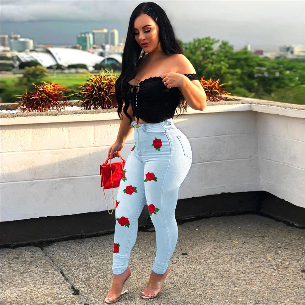 

Fashionable joker sexy high-waist women jeans fashion flower embroidery skinny slimming denim pants lady sexy denim pencil pants