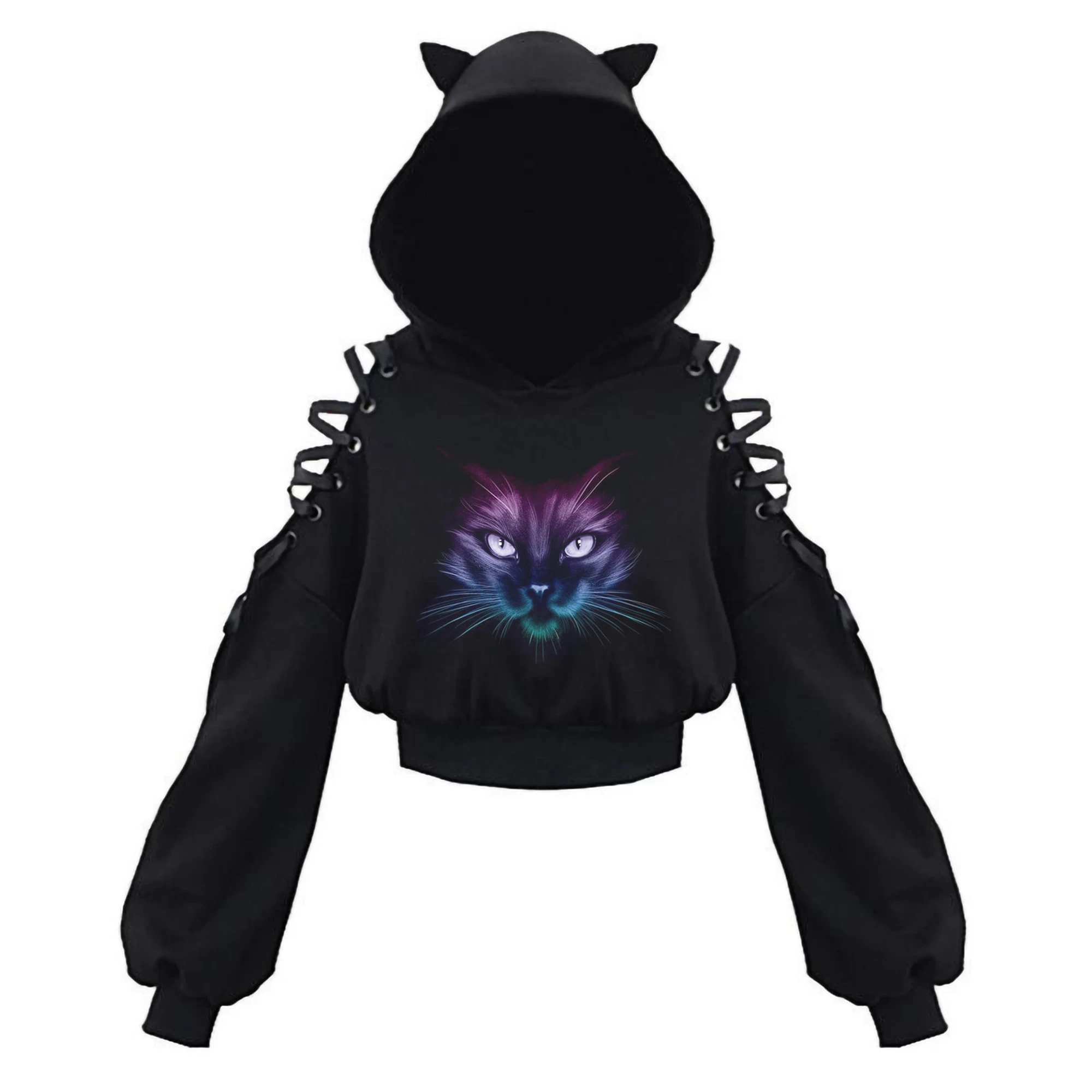

Black Gothic Women Hoodie Crop Sweatshirt Sweet Off Shoulder Lace Up Hooded Pullover Cat Ears Tracksuit Female Tops Oversize 2XL