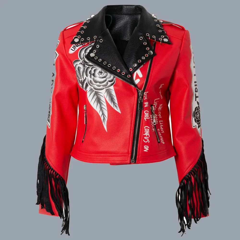 

PU Jacket Women Rivet Fashion Floral Letter Red Vintage Punk Motorcycle Leather Jackets 2021 Autumn Winter Coats