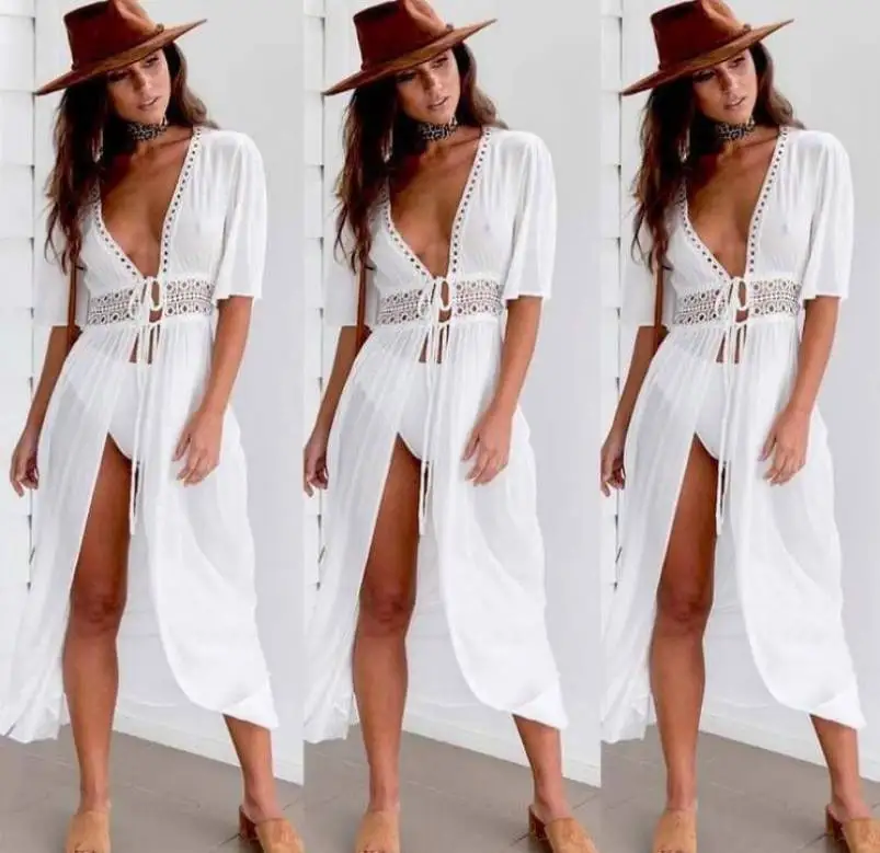 

Ply-size women's beach long lace patchwork tie long style covered gown V-neck dress cape cardigan jacket bikini swimsuit beach