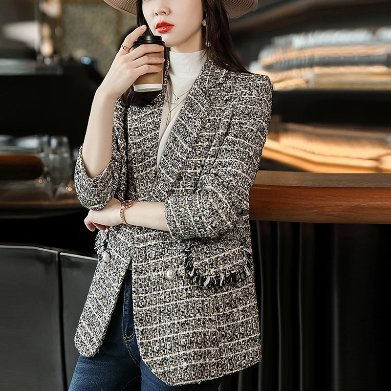 Autumn Winter New Plaid Woolen Coat Retro Double-Breasted Pure Color Tweed Jacket Elegant Women's Blazers Jacket s1267