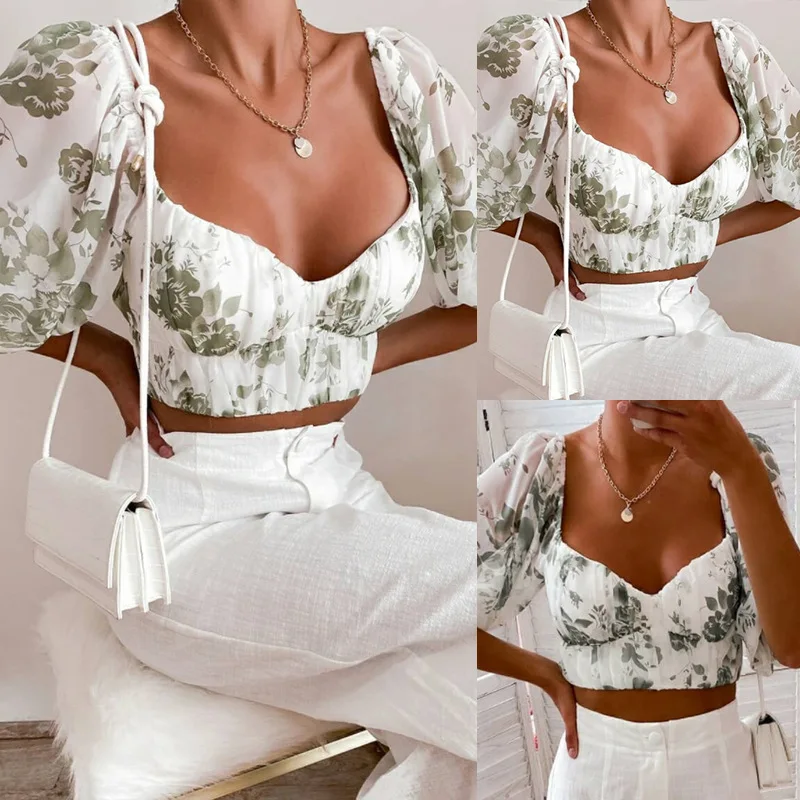

Women's top, summer style, printed chiffon, cross strap back, high waist, Instagram style, women's top