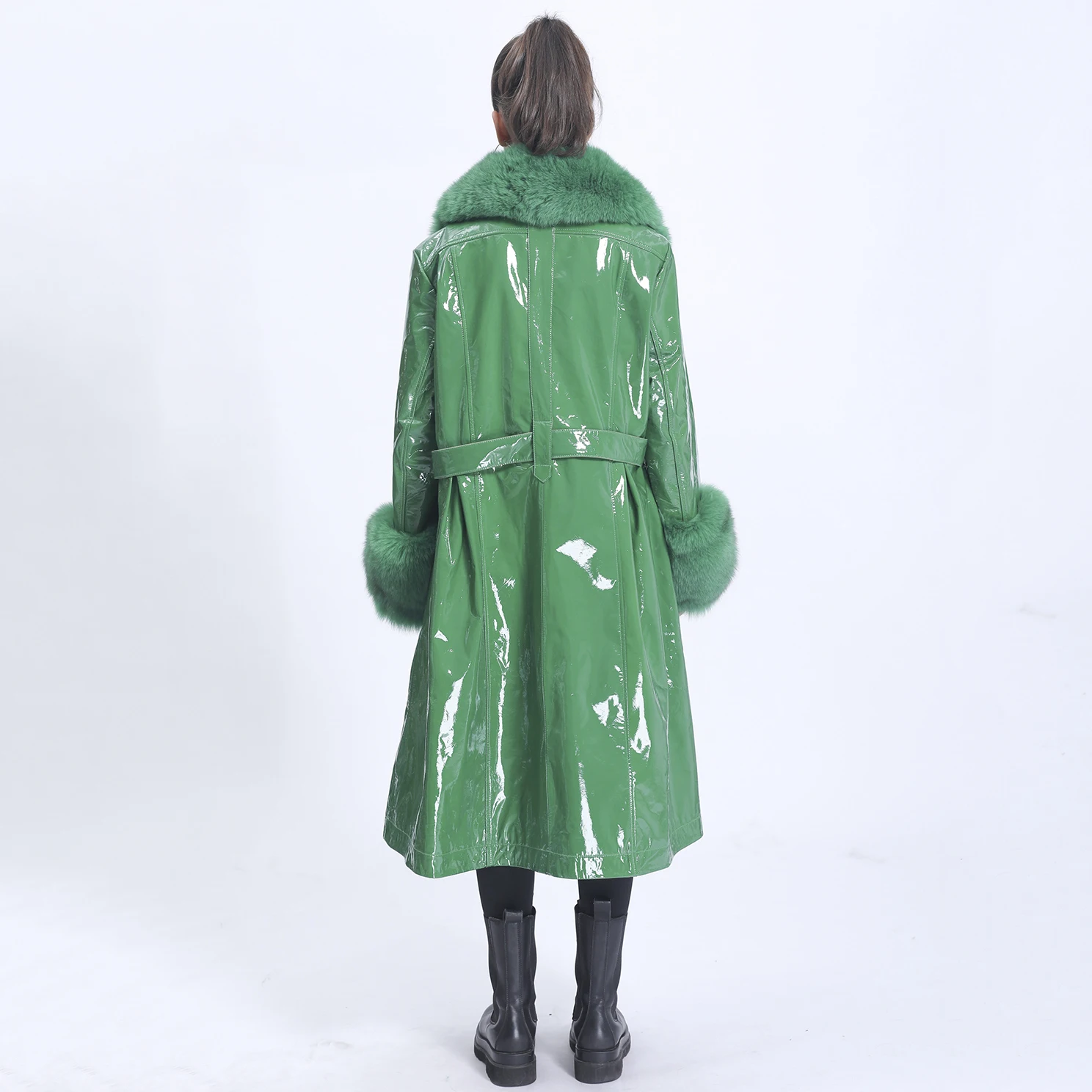 MISSJANEFUR 2021 Winter Leather Jacket Women Fashion Luxury Real Fox Fur Collar Patent leather Belted Long Trench Sheepskin Coat