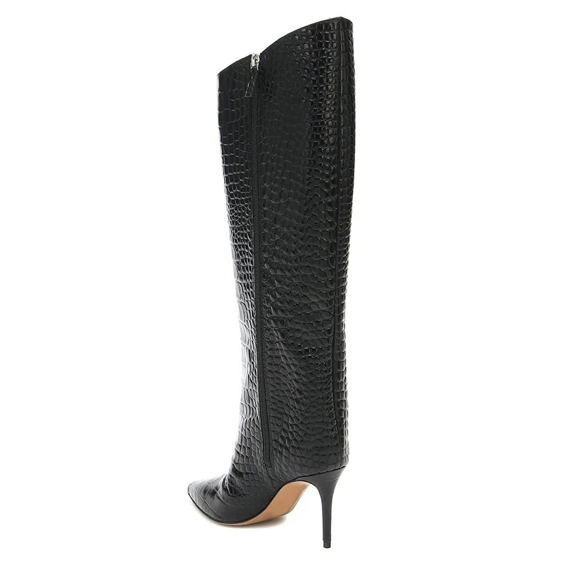 2021 Ladies Large Size Pointy Stiletto Heel Inside Full Zipper Knee High Boots Winter New Black and White Boots