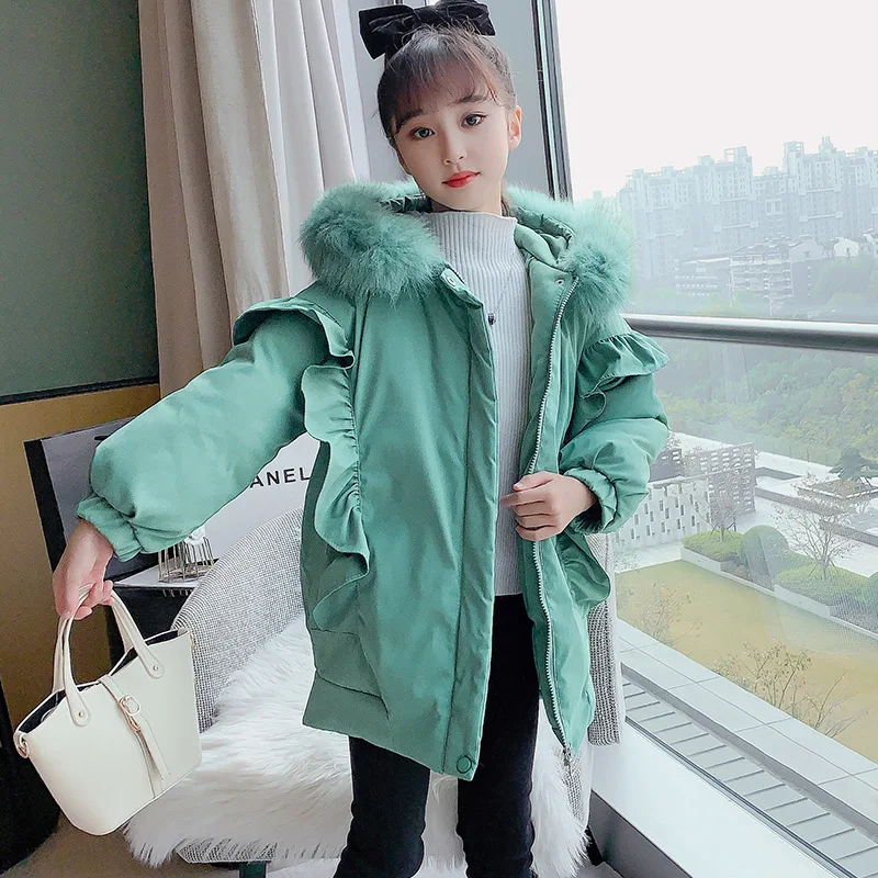 

Children Princess Lace Winter Elegant Outerwear Teen Girls Plush Hooded Down Puffer Jacket Kids Loose Warm Coat Snowsuits 8-12 Y