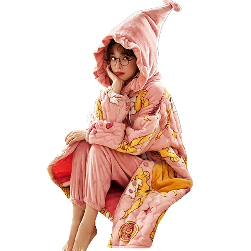 

Coral Fleece Winter Warm Bathrobes Thick Pajamas Set Cartoon Sailor Moon Hooded Robes Ladies Pijama Anime Party Sleepwear Home
