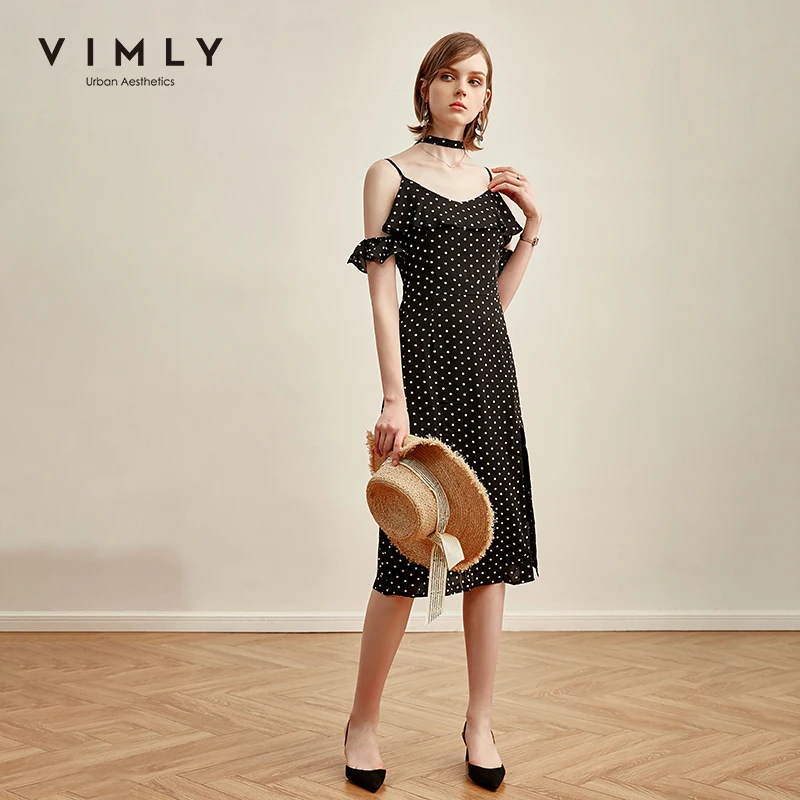Vimly 2020 летние женские платья на бретельках Vogue Dot v образный вырез приталенное